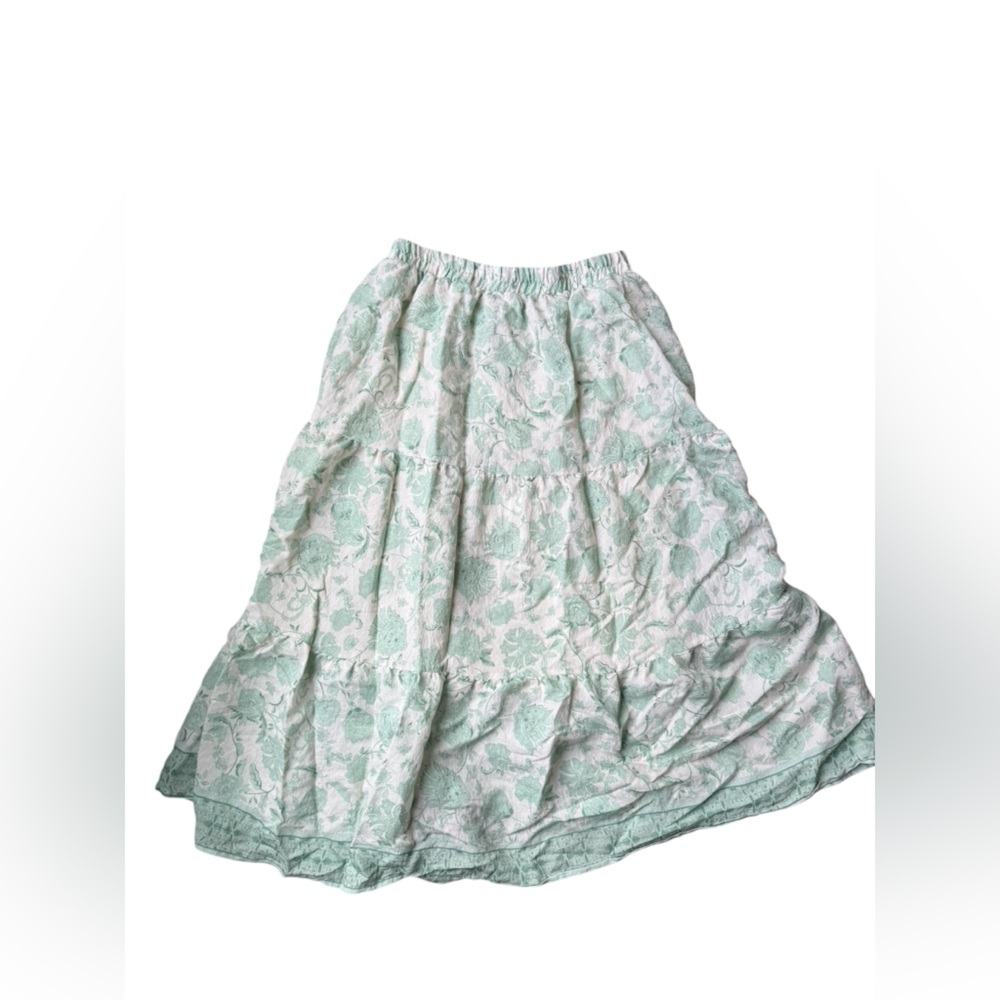 Boho Floral Midi Skirt Women's Large Green White Tiered Elastic Waist Romantic